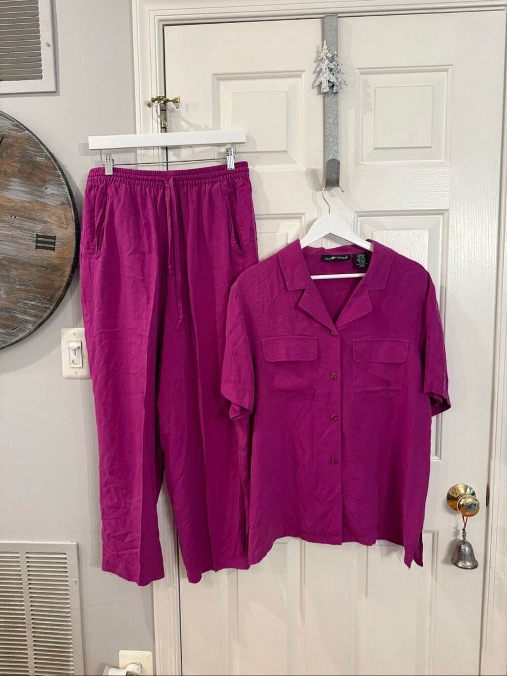Sag Harbor Purple 100% Silk Short Sleeve Pant Set sz L EUC